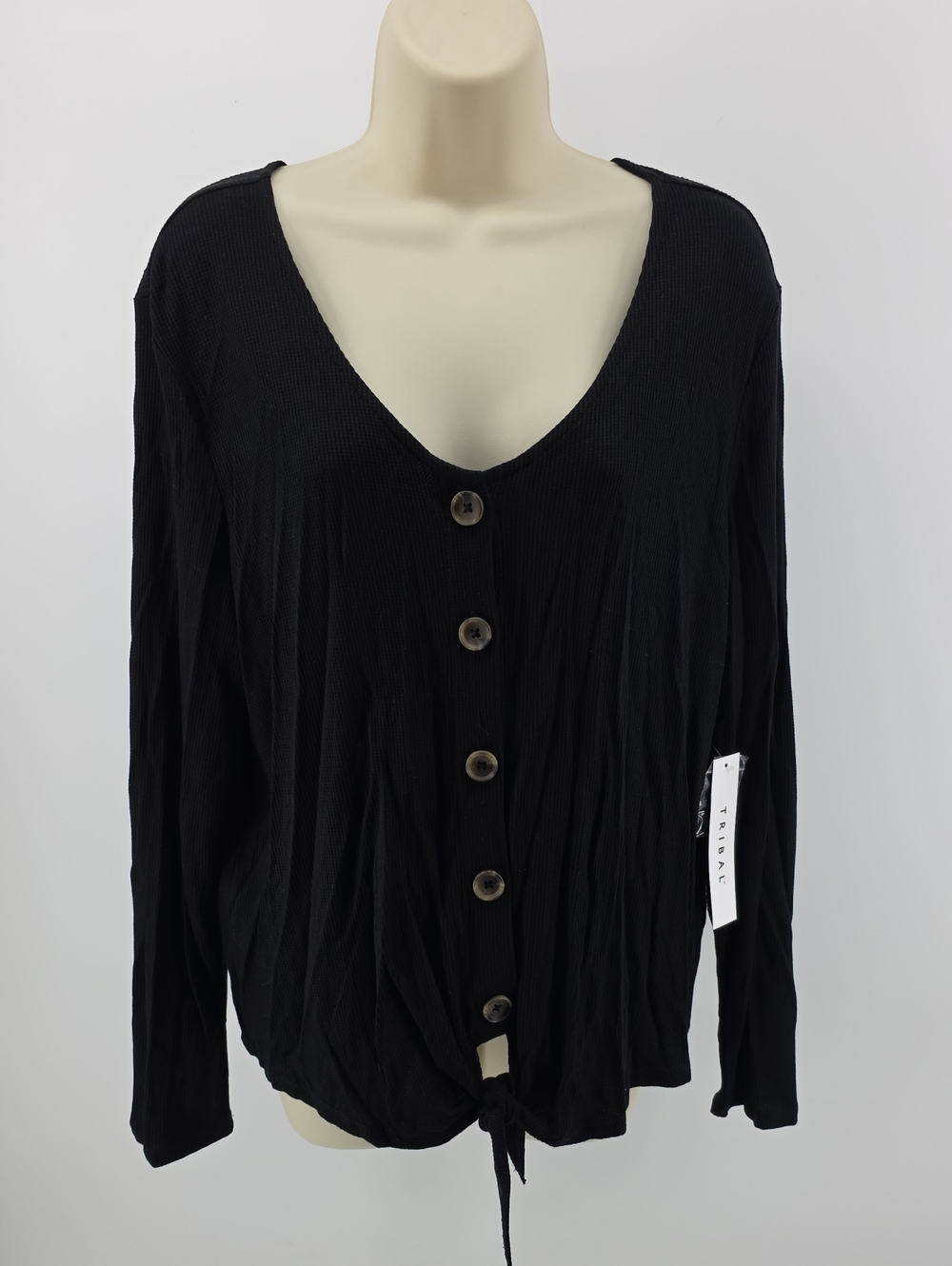 Tribal Black Button-Front Tie-Hem V-Neck Top